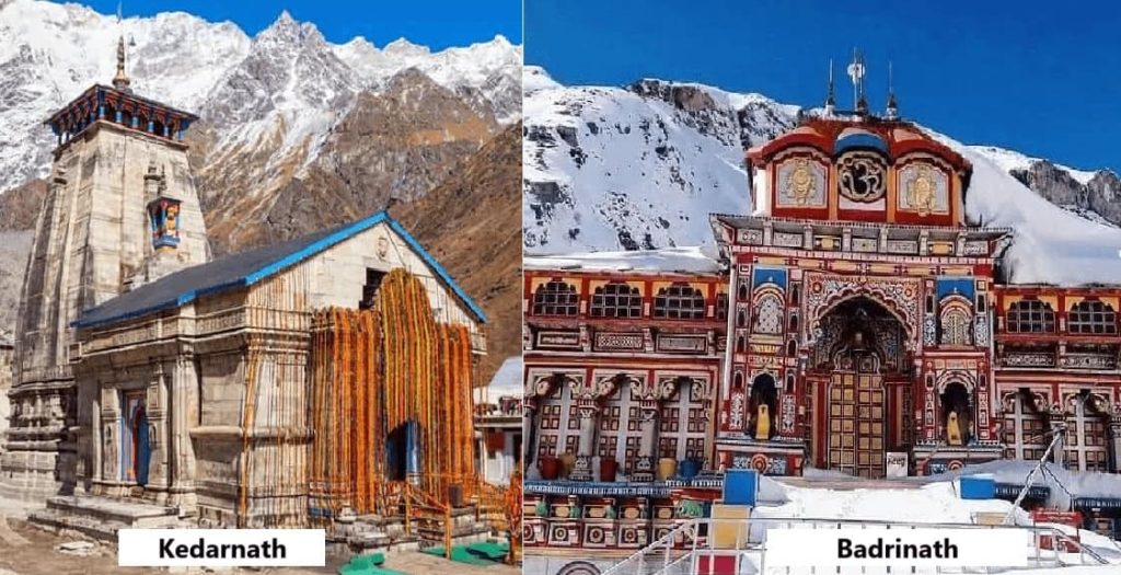 Scenic temples of Kedarnath and Badrinath surrounded by snow-covered mountains in Do Dham Yatra Package.